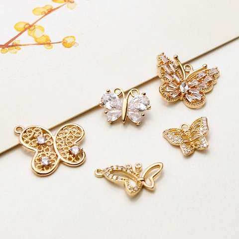 Colgantes de Mariposa de Cobre Chapado en Oro Con Incrustación de Zirconia Accesorios de Joyería DIY para Collar Pendiente Pulsera Mujer
