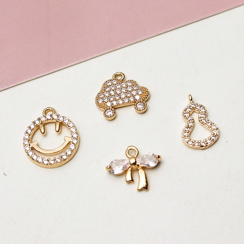 DIY Gold Plated Copper Rhinestone Pendant Eiffel Tower Smiley Face Bow Gourd Shape Charm Jewelry Making Accessory For Women