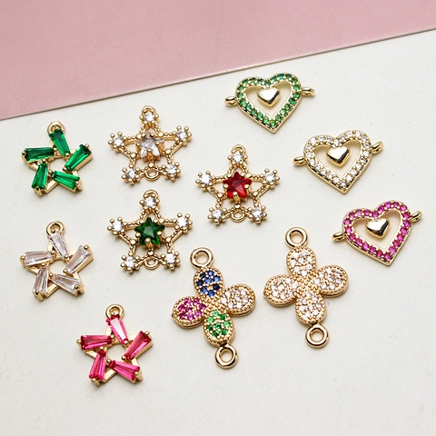 DIY Copper Rhinestone Star Heart Clover Pendants Jewelry Connector Charms For Necklace Bracelet Making Jewelry Supplies