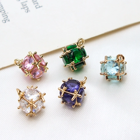 Copper Cubic Zirconia Cube Pendant Gold Plated Bayberry Ball Charm For DIY Earrings Necklace Jewelry Making Accessory