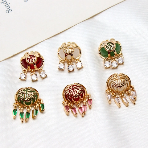 Vintage Chinese Style Fu Character Copper Lock Pendant Gold Plated Rhinestone Charms For DIY Jewelry Making Accessories Material