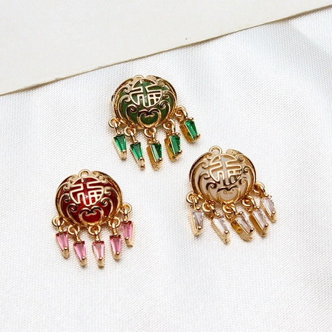 Vintage Chinese Style Fu Character Copper Lock Pendant Gold Plated Rhinestone Charms For DIY Jewelry Making Accessories Material