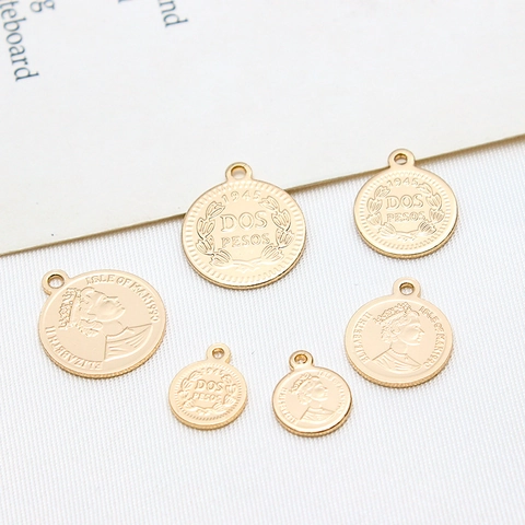 Vintage Elizabeth II Dos Pesos Coin Pendant Gold Plated Copper Round Charm DIY Jewelry Making Necklace Earring Finding