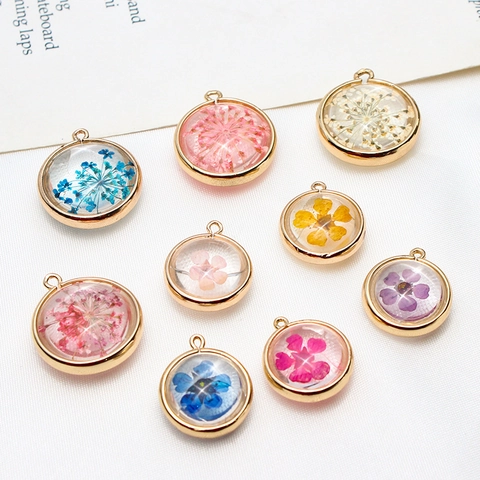 Handmade Round Dried Flower Copper Pendant Gold Plated Resin Glass Accessory For Necklace Earring DIY Jewelry Making