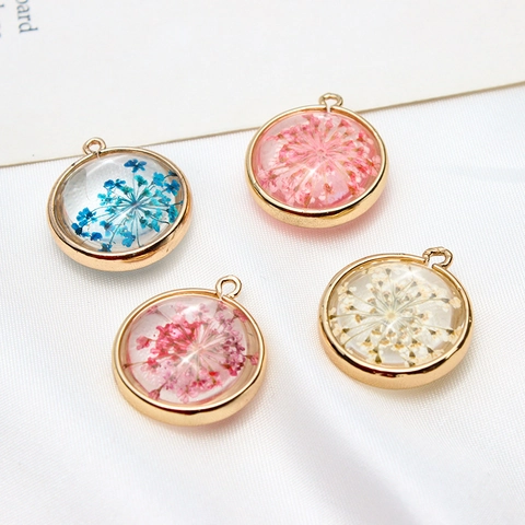 Handmade Round Dried Flower Copper Pendant Gold Plated Resin Glass Accessory For Necklace Earring DIY Jewelry Making