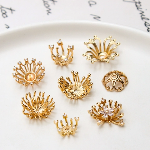Copper Gold Plated Filigree Hollow Flower Crown Jewelry Findings Zirconia Inlaid Bead Caps Pendant Base DIY Making Materials