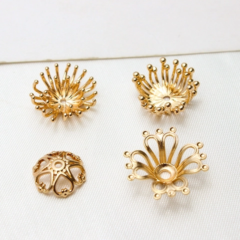 Copper Gold Plated Filigree Hollow Flower Crown Jewelry Findings Zirconia Inlaid Bead Caps Pendant Base DIY Making Materials