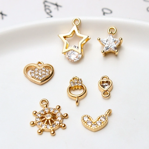 Copper Micro Pave Rhinestone Ship Wheel Star Heart Pendants For Jewelry Making DIY Charms For Necklaces Earrings Bracelets