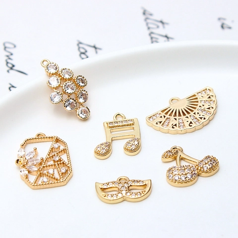 Exquisite Copper Zirconia Pendants Gold Plated Hollow Fan Music Note Mask Cherry Charms For DIY Jewelry Making Necklaces Accessories