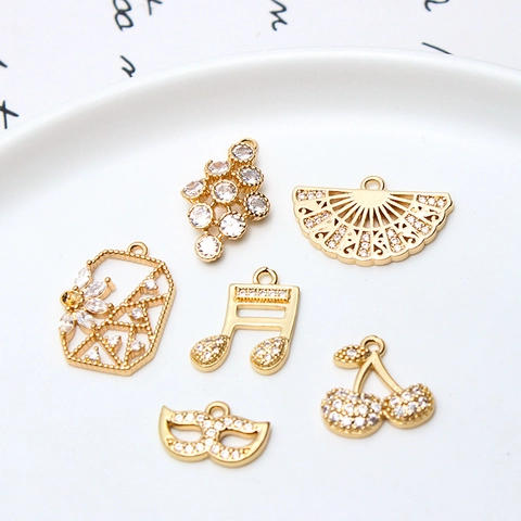 Exquisite Copper Zirconia Pendants Gold Plated Hollow Fan Music Note Mask Cherry Charms For DIY Jewelry Making Necklaces Accessories