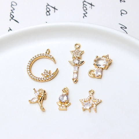Copper Zirconia Moon Star Cat Angel Fairy Wand Pendants For DIY Jewelry Making Necklaces Earrings Accessories Findings