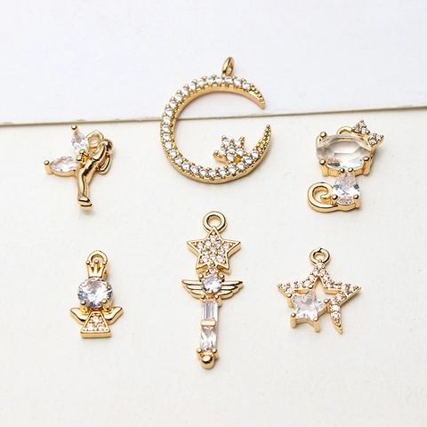 Copper Zirconia Moon Star Cat Angel Fairy Wand Pendants For DIY Jewelry Making Necklaces Earrings Accessories Findings