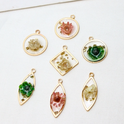 Copper Edge Geometric Resin Flower Pendant With Gold Foil Dried Flower DIY Jewelry Making Earring Necklace Bracelet Accessories