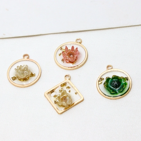 Copper Edge Geometric Resin Flower Pendant With Gold Foil Dried Flower DIY Jewelry Making Earring Necklace Bracelet Accessories