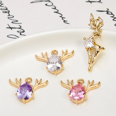 Copper Micro Inlaid Rhinestone Reindeer Antler Pendant For DIY Necklace Earring Jewelry Making Christmas Elk Charms