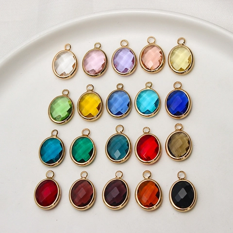 Oval Faceted Birthstone Pendant Copper Gold Plated Glass Crystal Charm For DIY Necklace Earring Making Women Jewelry Accessory