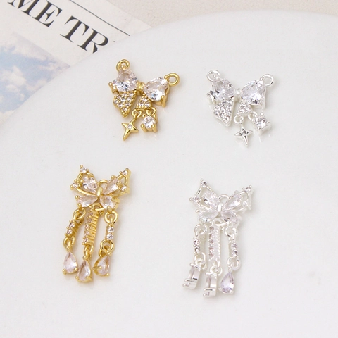 Ciondolo con Nappina a Forma di Fiocco Farfalla in Rame Placcato Oro Argento Strass Micro Pave per Collana Bracciale DIY