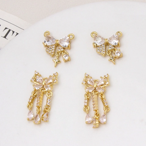 Ciondolo con Nappina a Forma di Fiocco Farfalla in Rame Placcato Oro Argento Strass Micro Pave per Collana Bracciale DIY