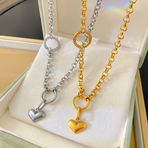 Collana con Pendente a Cuore in Acciaio al Titanio con Catena Grossa e Strass Gioielli Lunghi Galvanizzati Donna Oro Argento