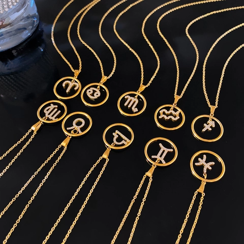 Stainless Steel 12 Zodiac Signs Pendant Necklace Gold Plated Rhinestone Inlaid Fashion Constellation Jewelry For Women