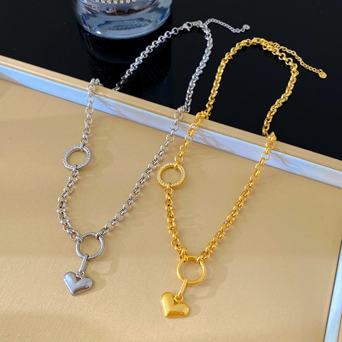 Collana con Pendente a Cuore in Acciaio al Titanio con Catena Grossa e Strass Gioielli Lunghi Galvanizzati Donna Oro Argento