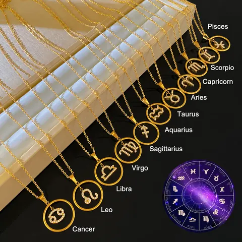 Stainless Steel 12 Zodiac Signs Pendant Necklace Gold Plated Rhinestone Inlaid Fashion Constellation Jewelry For Women