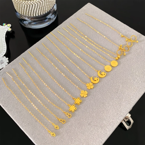 Orecchini a Filo Lungo con Frangia in Acciaio al Titanio per Donna Minimalista Elegante Fiore Quadrifoglio Stella Luna Oro Gioielli