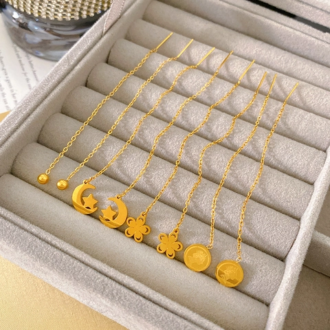 Orecchini a Filo Lungo con Frangia in Acciaio al Titanio per Donna Minimalista Elegante Fiore Quadrifoglio Stella Luna Oro Gioielli