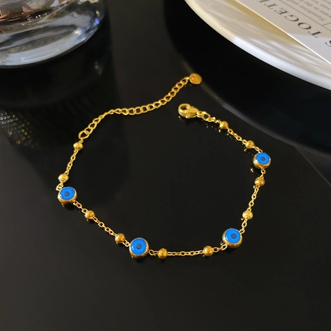 Bracelet Vintage Mauvais Œil Pour Femmes Acier Inoxydable Plaqué Or Perles Émail Bleu Chaîne Réglable Bijoux Protection Cadeau