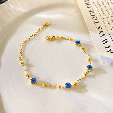 Bracelet Vintage Mauvais Œil Pour Femmes Acier Inoxydable Plaqué Or Perles Émail Bleu Chaîne Réglable Bijoux Protection Cadeau