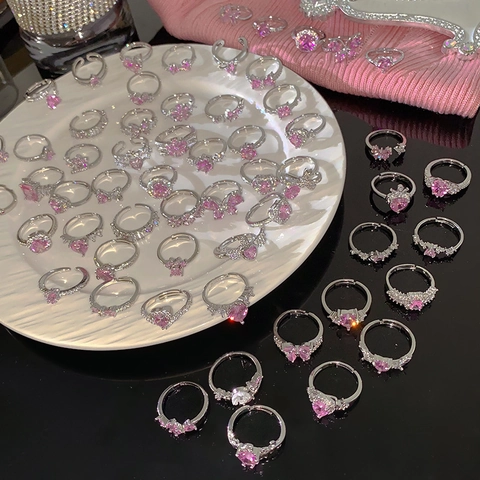 Fashion Copper Pink Zircon Open Ring For Women Sweet Adjustable Butterfly Heart Bow Finger Ring Jewelry Accessories Gift