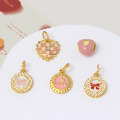 Sweet Alloy Enamel Heart Bow Round Plate Pendants For DIY Jewelry Making Necklaces Bracelets Earrings Sweet Girl Accessories