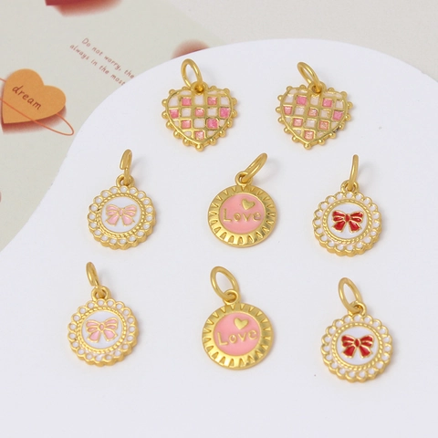 Sweet Alloy Enamel Heart Bow Round Plate Pendants For DIY Jewelry Making Necklaces Bracelets Earrings Sweet Girl Accessories