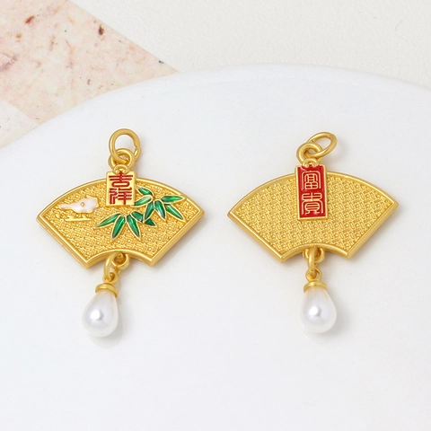 Chinese Vintage Alloy Gold Bamboo Leaf Fan Pendants With Faux Artificial Pearl For DIY Jewelry Making Bracelet Earring Accessories Pendant Only (Without Chain)