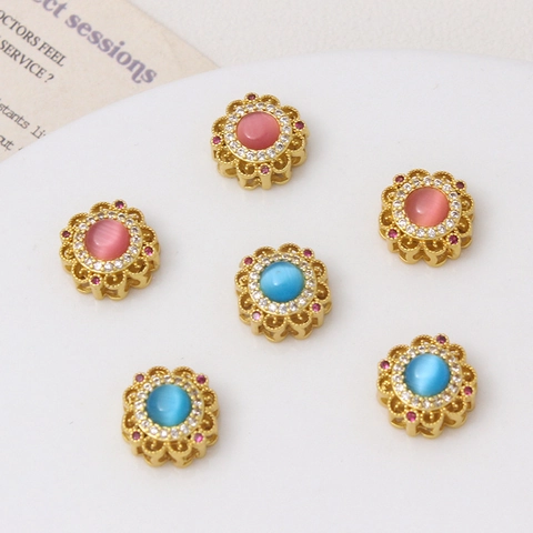 Traditional Gold Copper Spacer Beads Micro Inlaid Zirconia Cat Eye Stone Flower Heart Loose Beads For DIY Jewelry Making