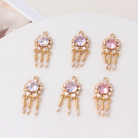 Vintage Copper Dreamcatcher Pendant Rhinestone Inlaid Feather Tassel Charm For DIY Jewelry Making Necklaces Crafting Accessories