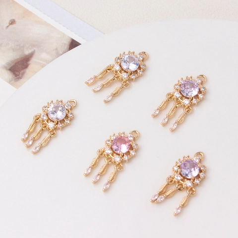 Vintage Copper Dreamcatcher Pendant Rhinestone Inlaid Feather Tassel Charm For DIY Jewelry Making Necklaces Crafting Accessories