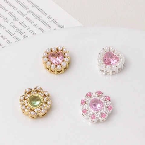DIY Copper Spacer Beads Gold Silver Plated Zircon Artificial Pearl Heart Flower Shape For Bracelet Necklace Making Jewelry Finding