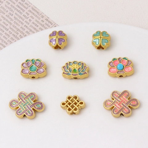 Antique Gold Alloy Lotus Chinese Knot Flower Spacer Beads DIY Jewelry Making Accessories For Bracelet Necklace Vintage Enamel Charms