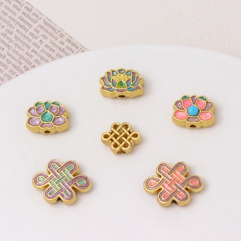 Antique Gold Alloy Lotus Chinese Knot Flower Spacer Beads DIY Jewelry Making Accessories For Bracelet Necklace Vintage Enamel Charms