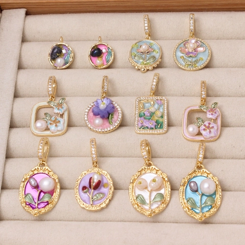 Vintage French Oil Painting Style Copper Enamel Flower Pendant Only Without Chain With Freshwater Pearl For Women Jewelry Making