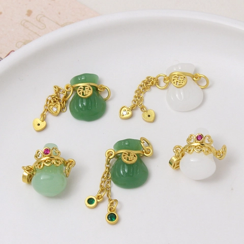 Vintage Chinese Style Hulu Gourd Fudai Pendants For DIY Jewelry Making Imitation Jade Copper Gold Plated Accessories
