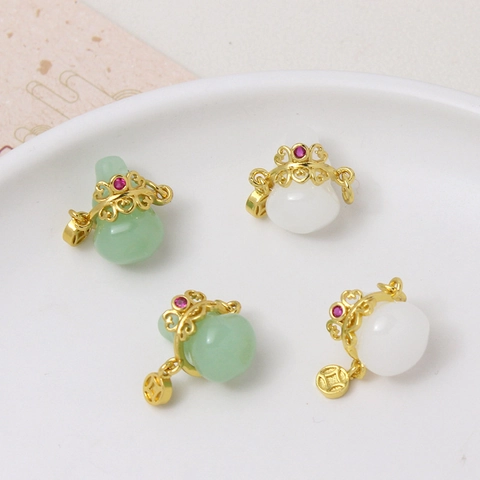 Vintage Chinese Style Hulu Gourd Fudai Pendants For DIY Jewelry Making Imitation Jade Copper Gold Plated Accessories