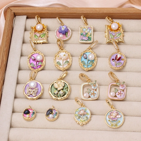 Vintage French Oil Painting Style Copper Enamel Flower Pendant Only Without Chain With Freshwater Pearl For Women Jewelry Making