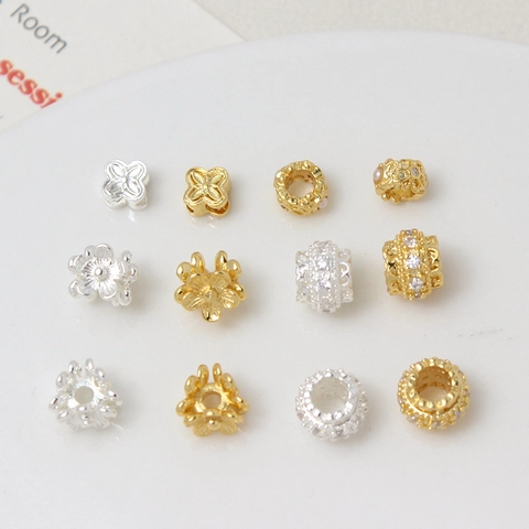 DIY Copper Spacer Beads Gold Silver Plated Cubic Zirconia Flower Clover Hollow Beads For Jewelry Making DIY Findings