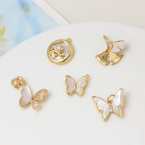 18K Gold Plated Copper White Shell Butterfly Heart Flower Ginkgo Leaf Pendants Rhinestone DIY Jewelry Making Charms