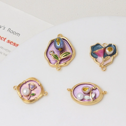 French Retro Copper Gold Plated Enamel Floral Charms With Imitation Freshwater Pearl Double Loop Connectors For DIY Jewelry Making