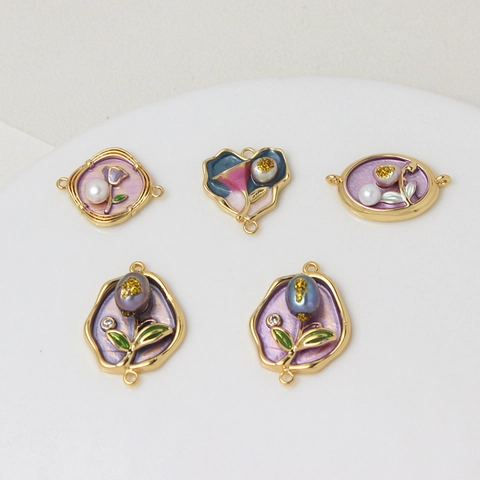 French Retro Copper Gold Plated Enamel Floral Charms With Imitation Freshwater Pearl Double Loop Connectors For DIY Jewelry Making