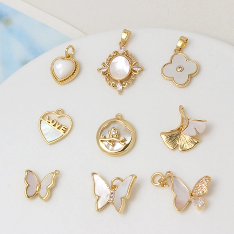18K Gold Plated Copper White Shell Butterfly Heart Flower Ginkgo Leaf Pendants Rhinestone DIY Jewelry Making Charms