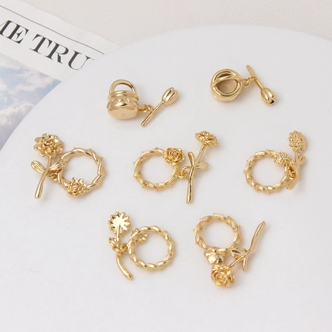 14K Gold Plated Copper Rose Tulip Floral Toggle Clasps OT Connectors For DIY Necklace Bracelet Jewelry Making Accessories